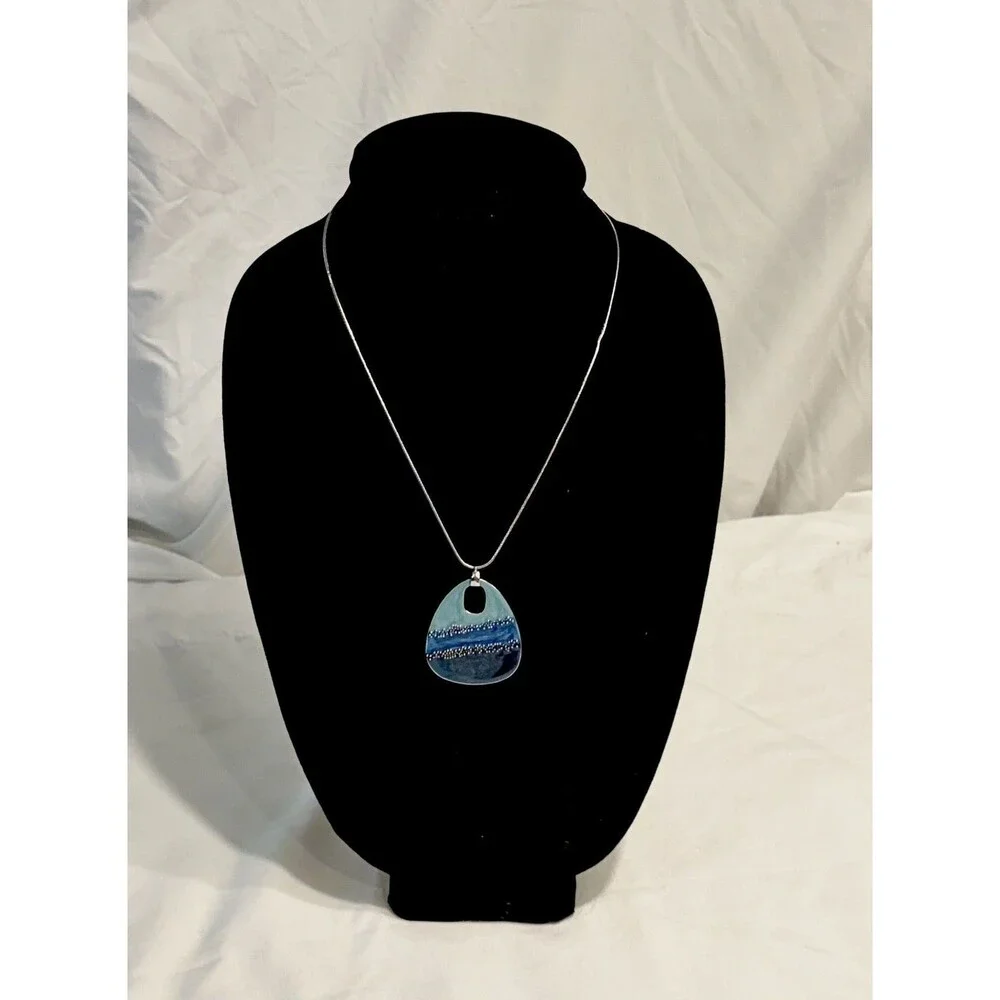 Summery Ocean Themed Blue Enamel and Silver-Tone Teardrop Pendant Necklace